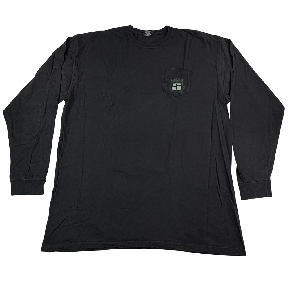 Stussy Mens XXL Black Long Sleeve Pocket T-Shirt Logo Streetwear Cotton Tee